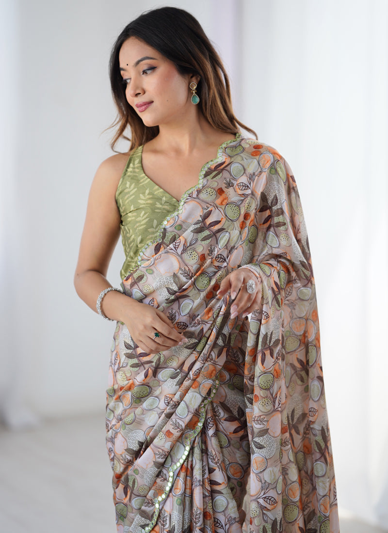 Multicolor Chinon Silk Designer Saree With Mirror Border