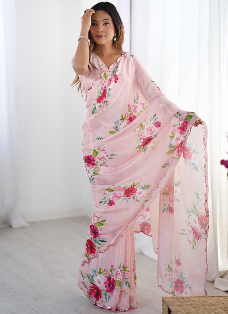 Baby Pink Chinon Silk Saree with Mirror Work Border for Girls
