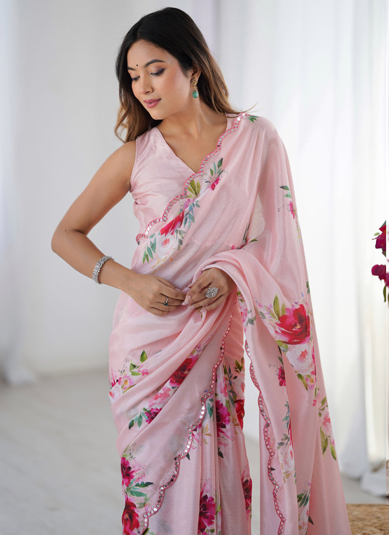 Baby Pink Chinon Silk Saree with Mirror Work Border for Girls
