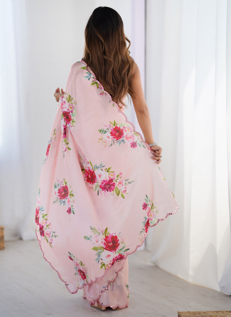 Baby Pink Chinon Silk Saree with Mirror Work Border for Girls