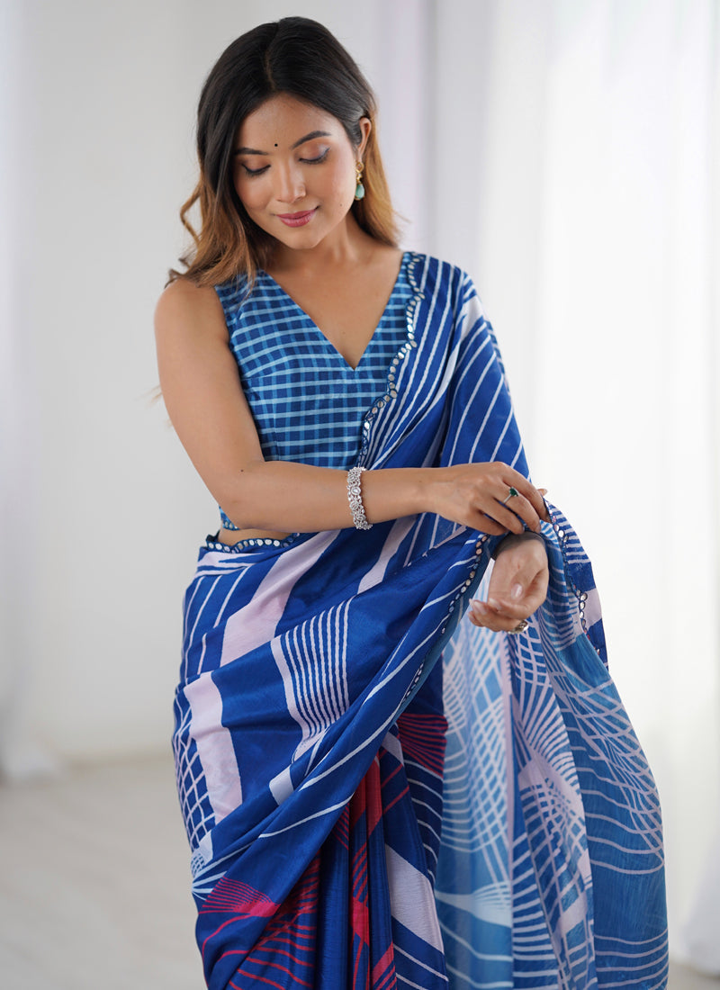 Blue Chinon Silk Saree with Mirror Work Border