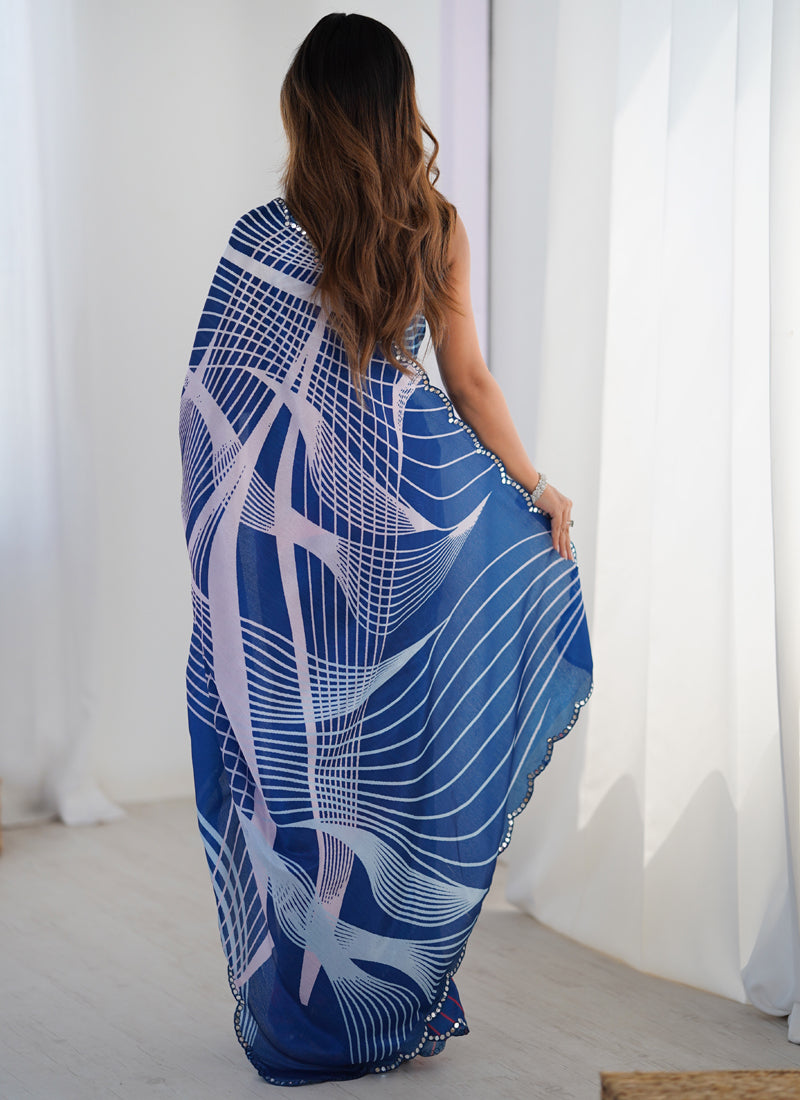 Blue Chinon Silk Saree with Mirror Work Border