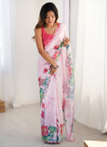 Baby Pink Chinon Silk Saree with Mirror Work Border for Girls