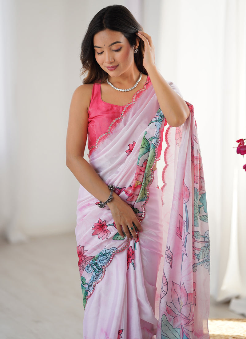 Baby Pink Chinon Silk Saree with Mirror Work Border for Girls