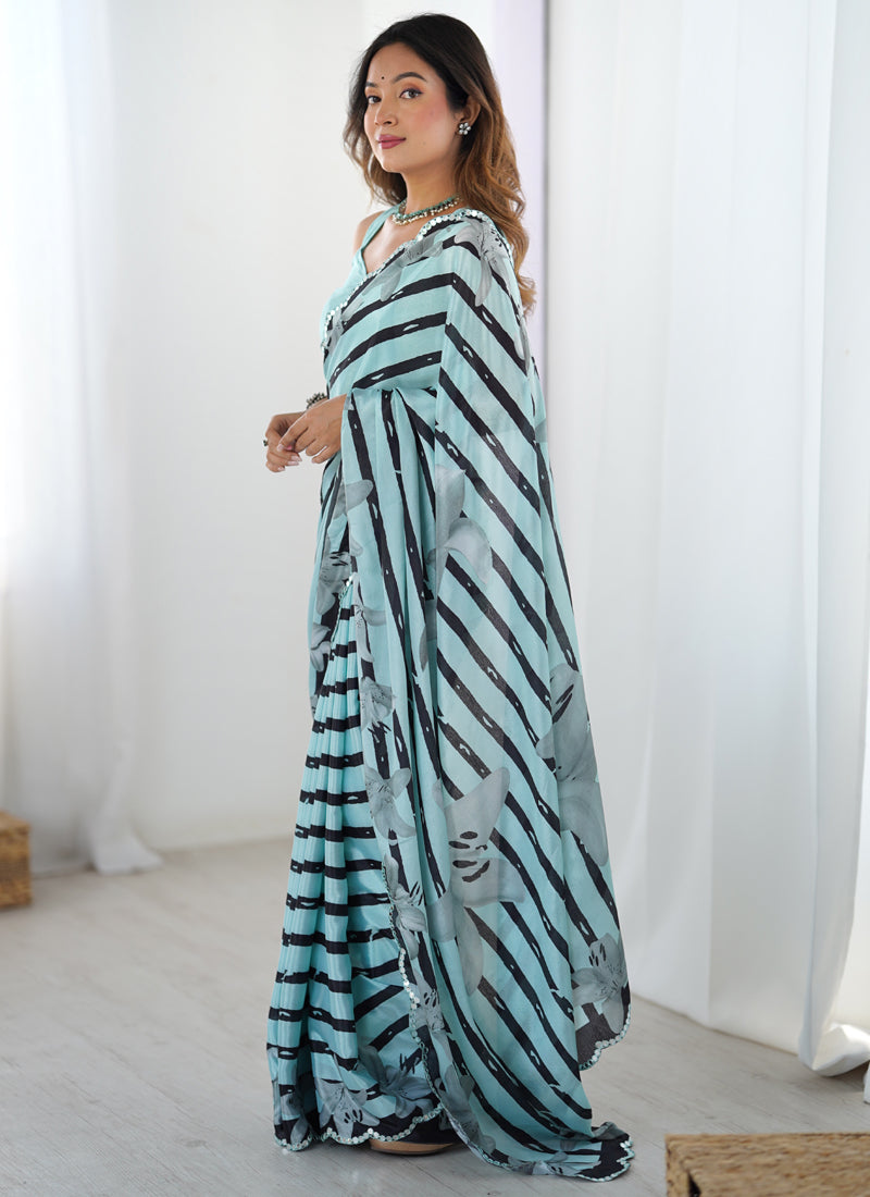 Sky Blue Chinon Silk Printed Saree with Mirror Work Border