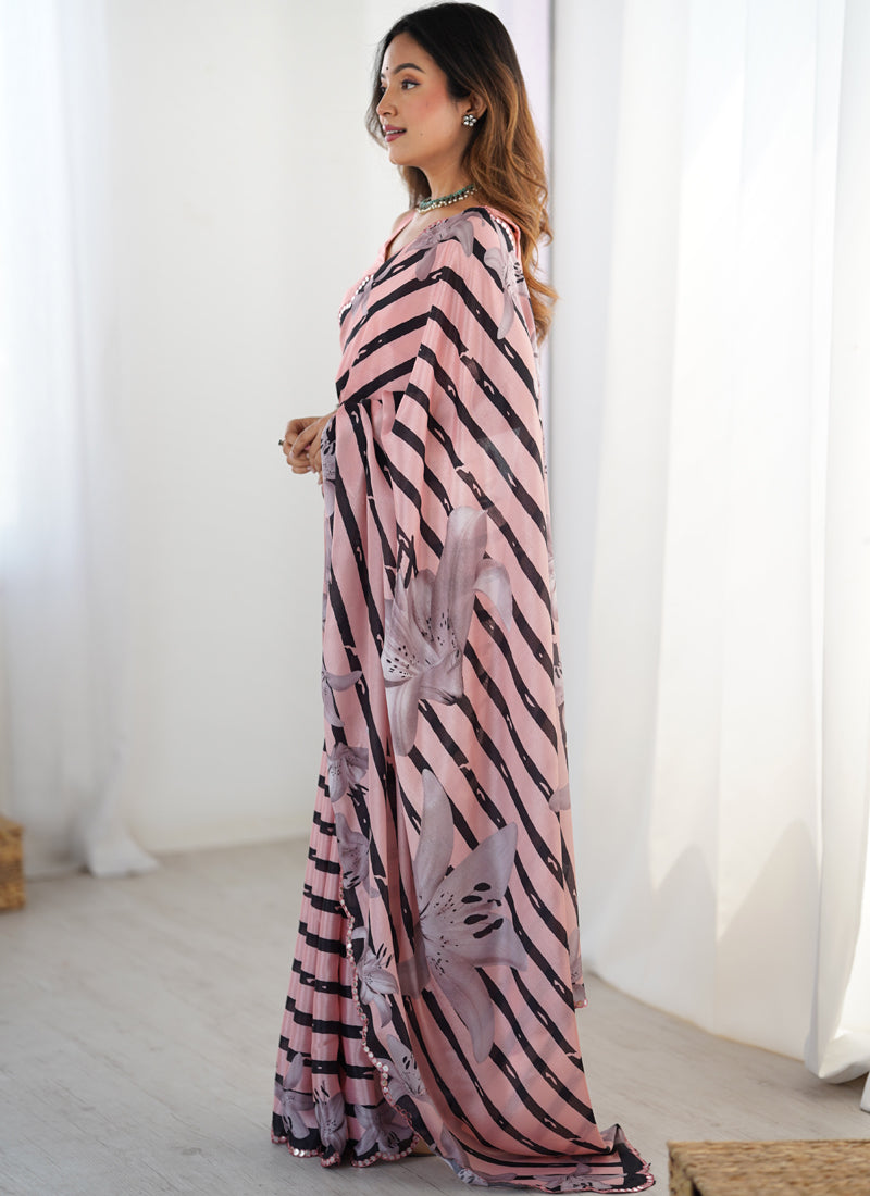 Peach Chinon Silk Printed Saree with Mirror Work Border