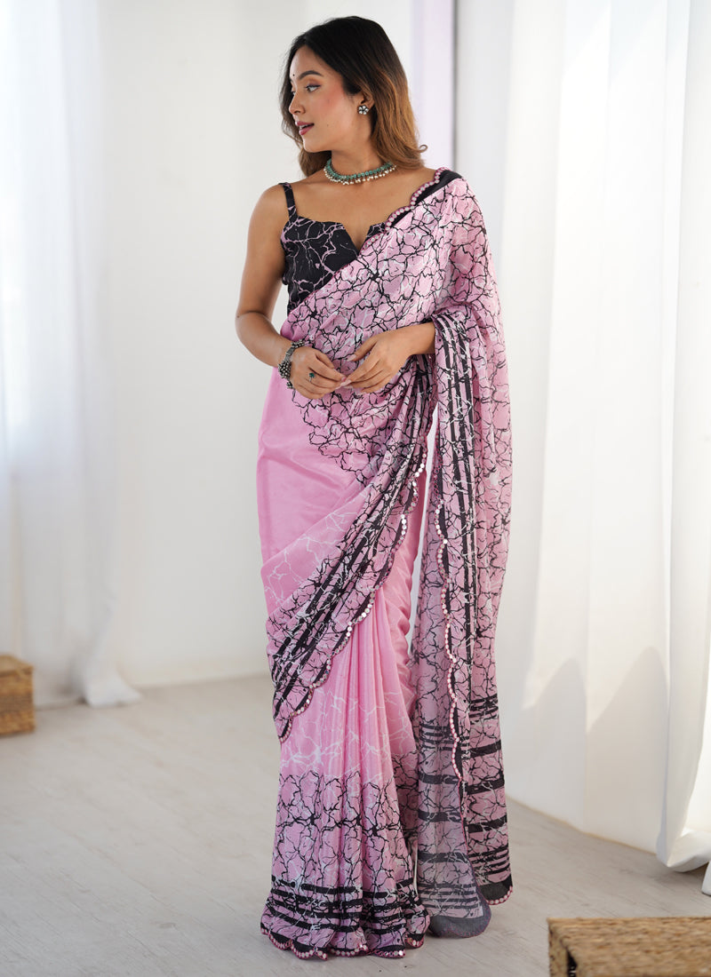 Baby Pink Chinon Silk Saree with Mirror Work Border for Girls
