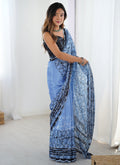 Blue Chinon Silk Saree with Mirror Work Border for Parties