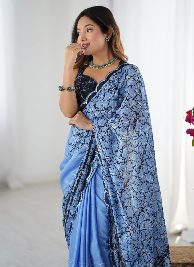Blue Chinon Silk Saree with Mirror Work Border for Parties