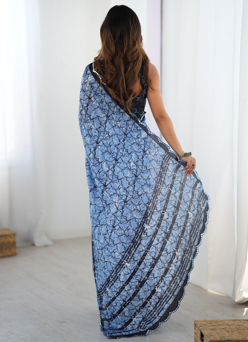 Blue Chinon Silk Saree with Mirror Work Border for Parties