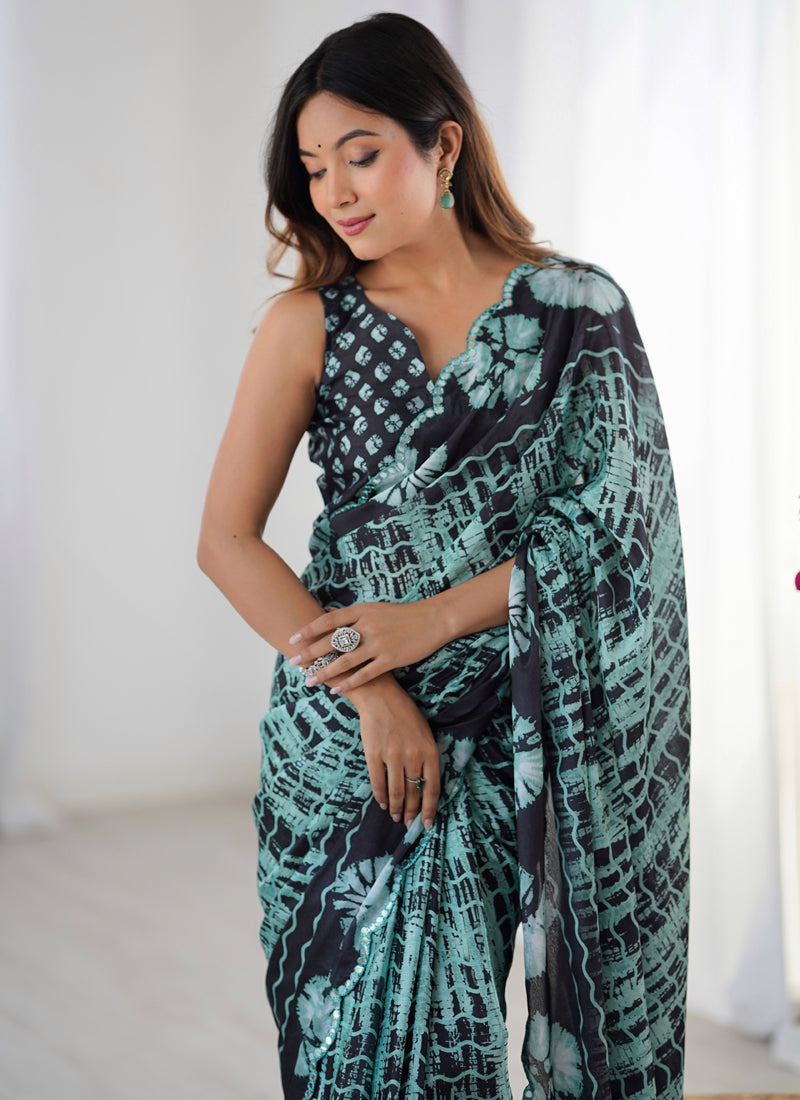 Multi Color Chinon Silk Designer Saree with Mirror Work Border