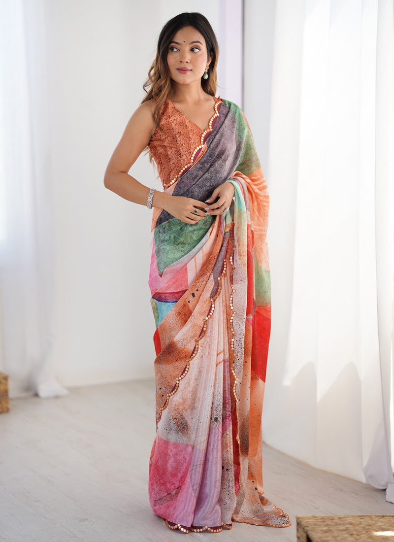 Multi color Chinon silk designer saree with detailed print and mirror work lace border