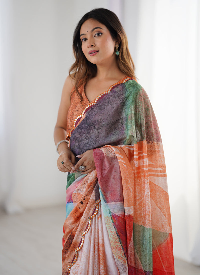 Multi Color Chinon Silk Printed Saree with Mirror Work Border