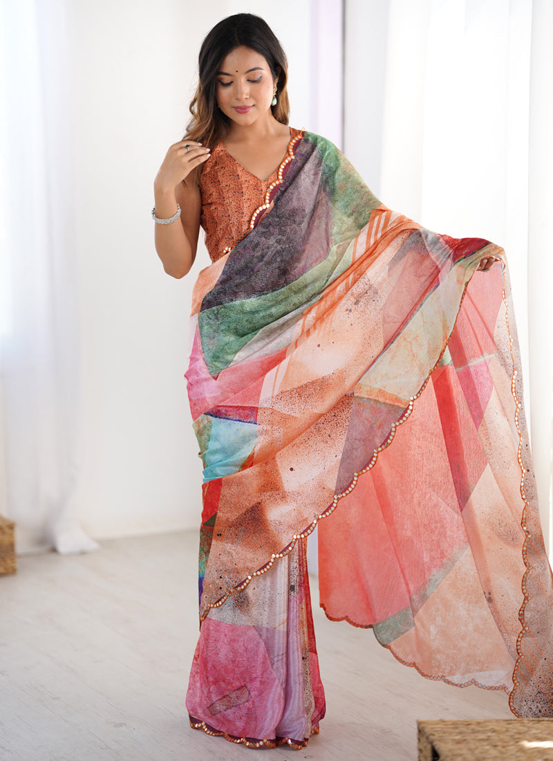 Multi Color Chinon Silk Printed Saree with Mirror Work Border
