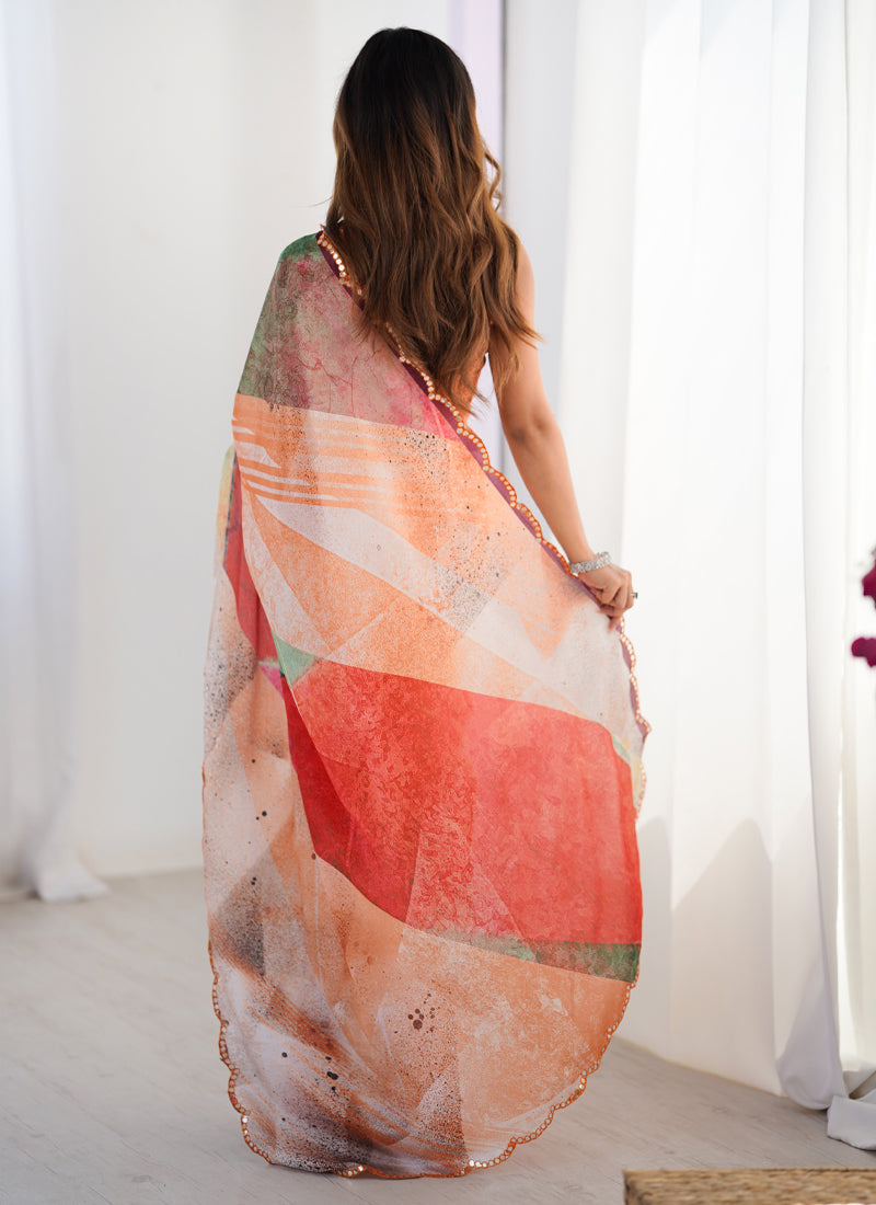 Multi Color Chinon Silk Printed Saree with Mirror Work Border