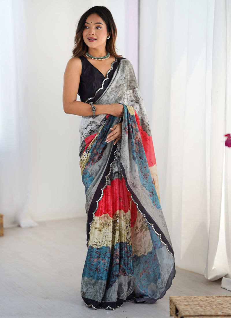 Multi Color Chinon Silk Designer Saree With Mirror Work Border