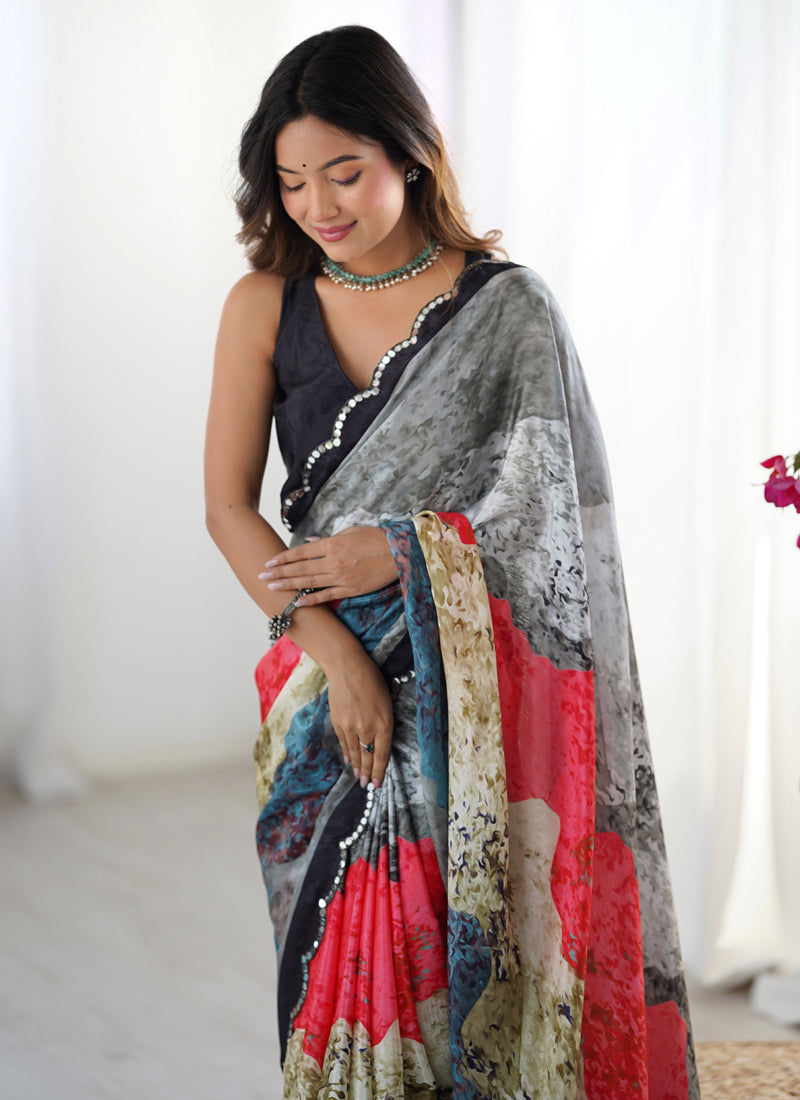 Multi Color Chinon Silk Designer Saree With Mirror Work Border