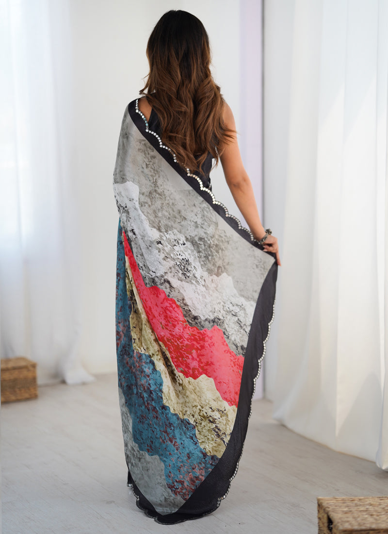 Multi Color Chinon Silk Designer Saree With Mirror Work Border