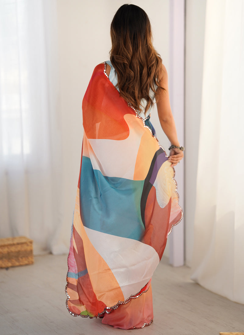 Multi Color Chinon Silk Printed Saree with Mirror Work Border