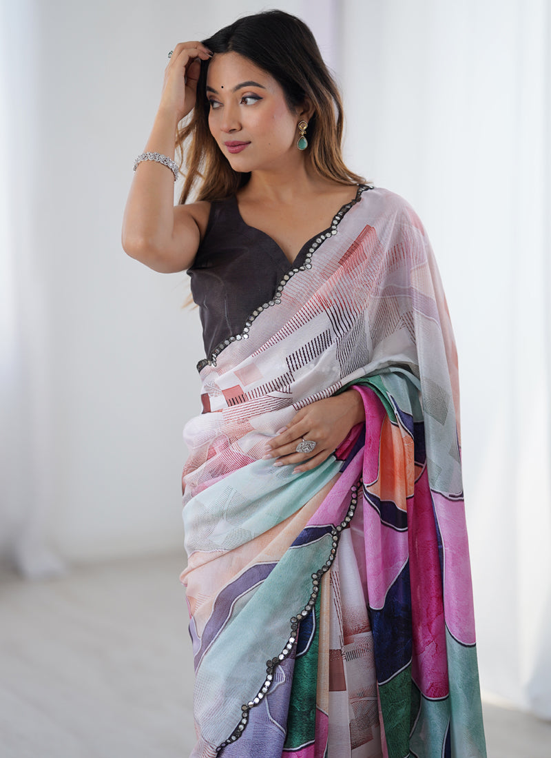 Multi Color Chinon Silk Designer Saree with Mirror Work Border