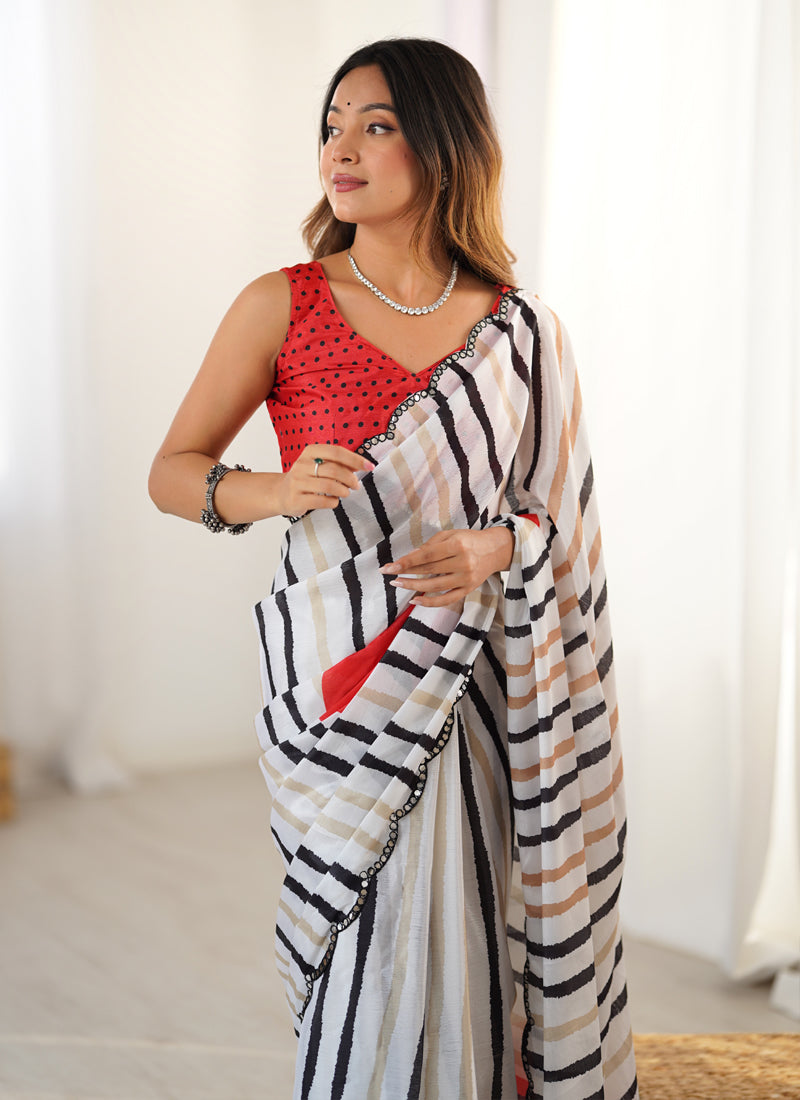 Off White Chinon Silk Printed Saree with Mirror Work Border
