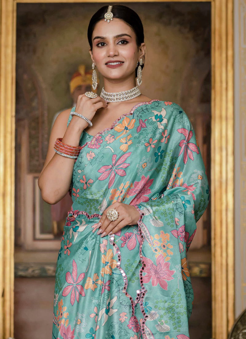 Sky Blue Floral Chinon Silk Saree with Mirror Cut Border