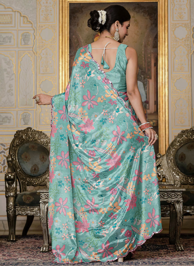 Sky Blue Floral Chinon Silk Saree with Mirror Cut Border