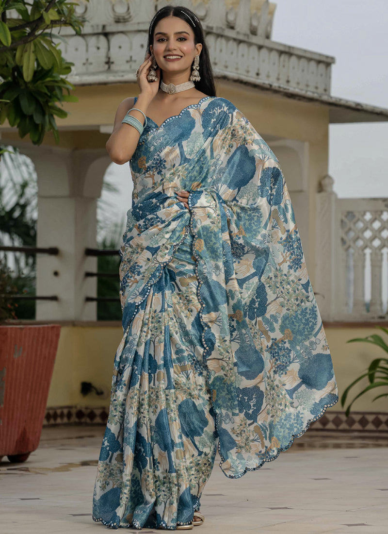 Grey floral print Chinon silk ready-to-wear saree with mirror-cut border