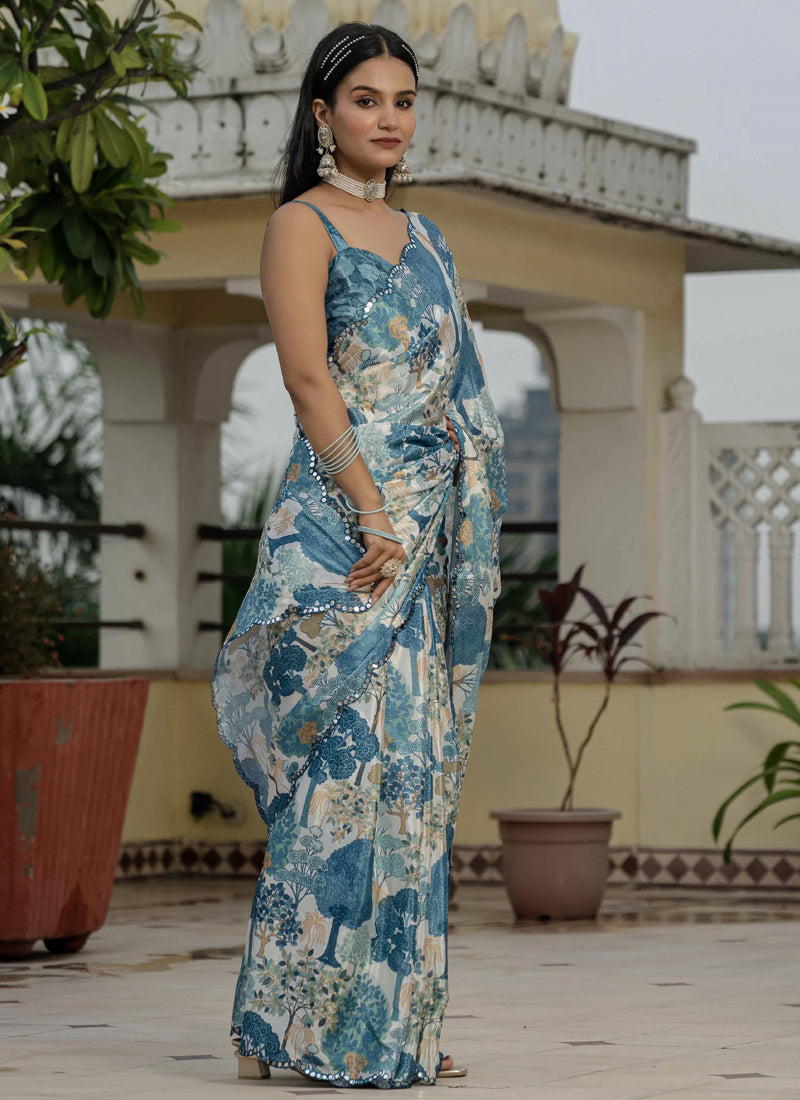 Grey Chinon Silk Floral Printed Ready To Wear Saree