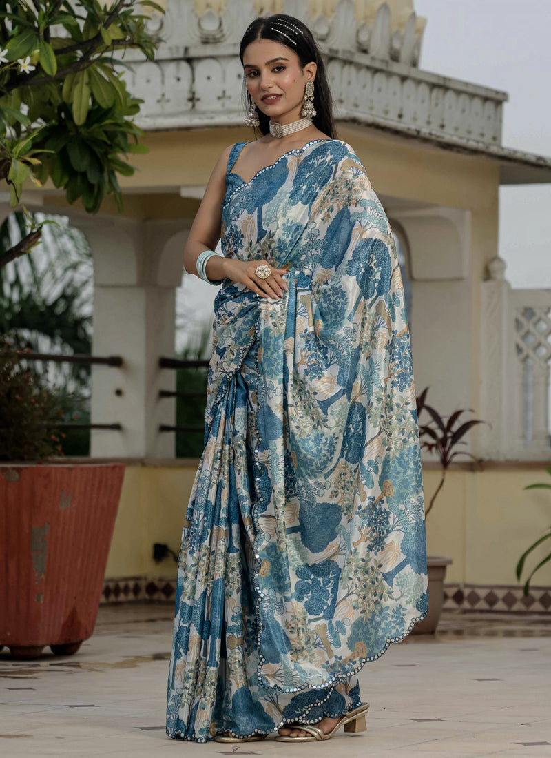 Grey Chinon Silk Floral Printed Ready To Wear Saree