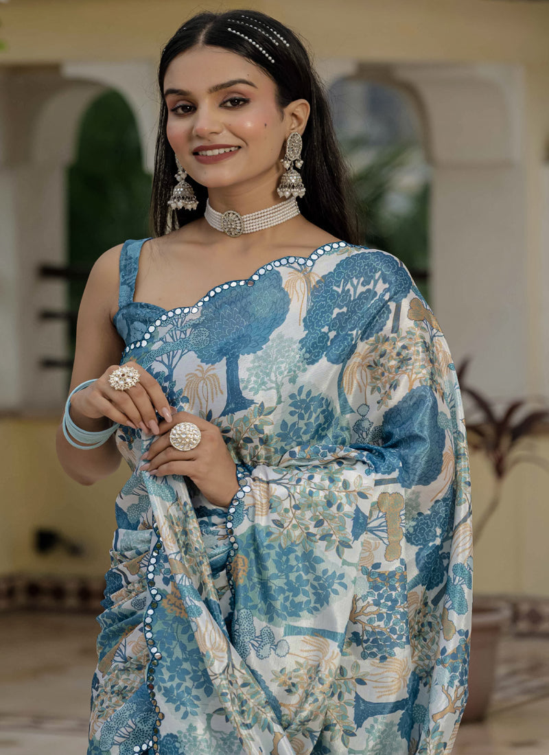 Grey Chinon Silk Floral Printed Ready To Wear Saree