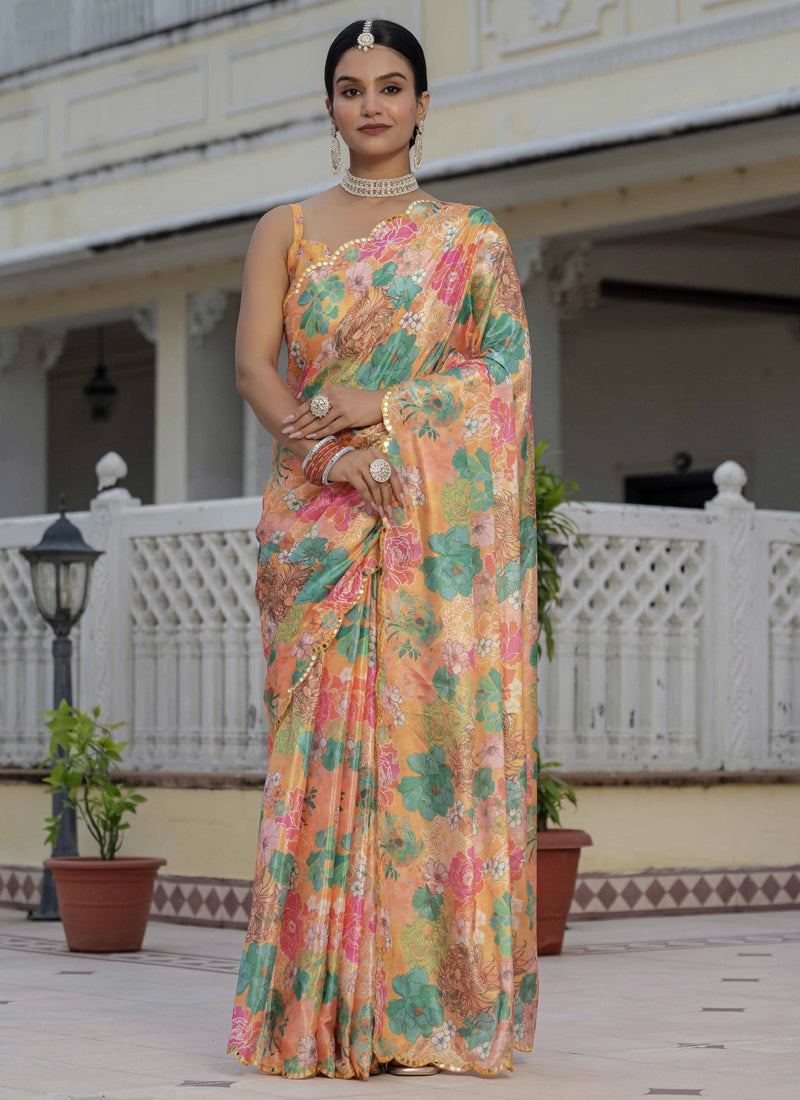 Mustard yellow Chinon silk saree with floral print and mirror cut border