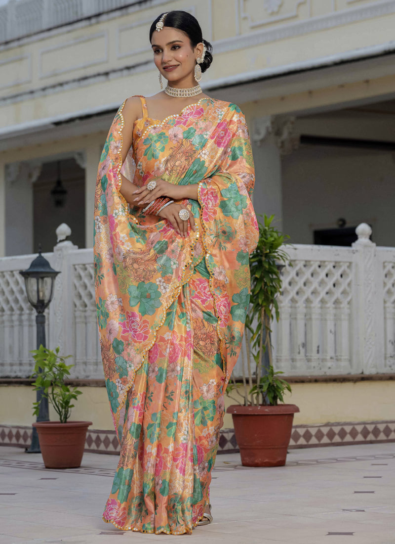 Mustard Chinon Silk Floral Saree with Mirror Cut Border