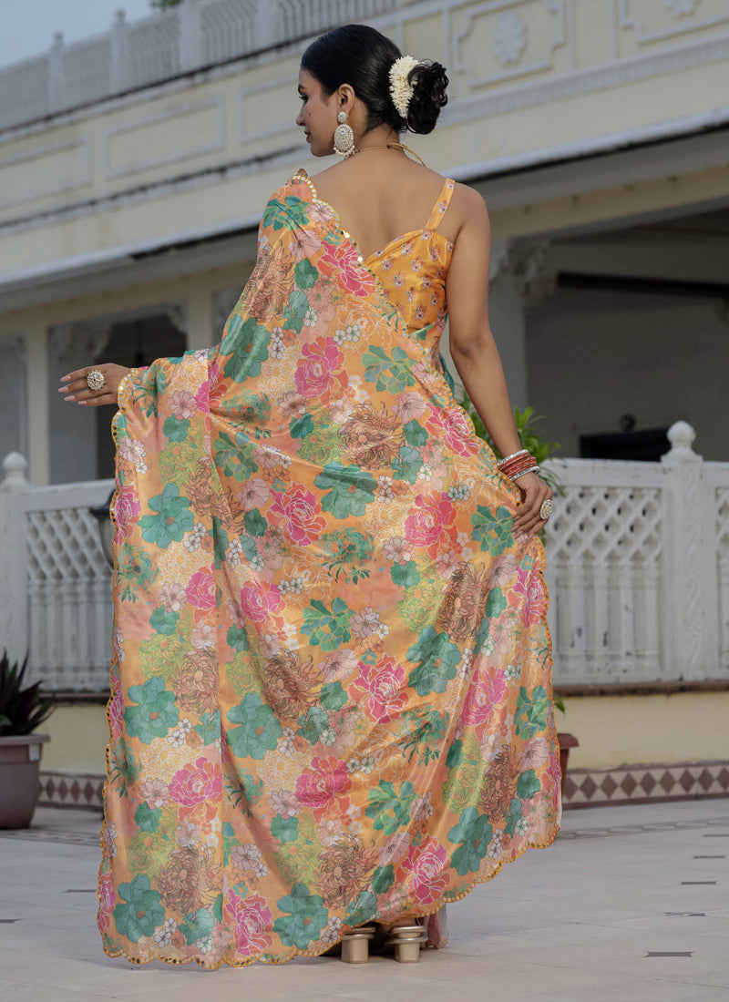 Mustard Chinon Silk Floral Saree with Mirror Cut Border