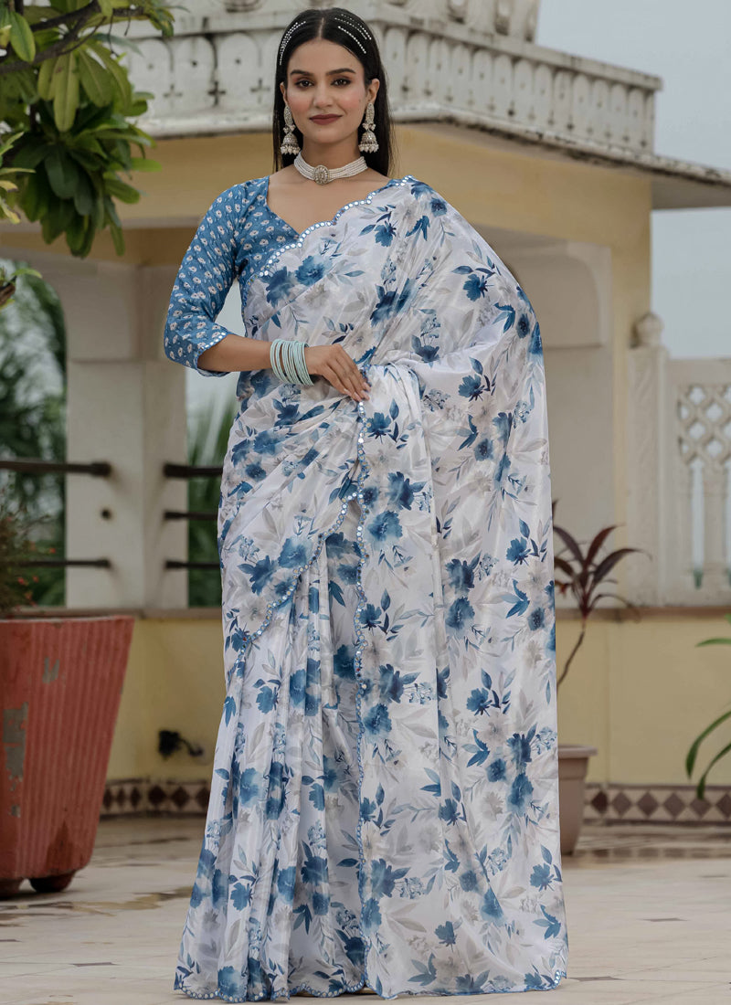 Off White ready to wear Chinon Silk saree with floral prints and mirror cut border