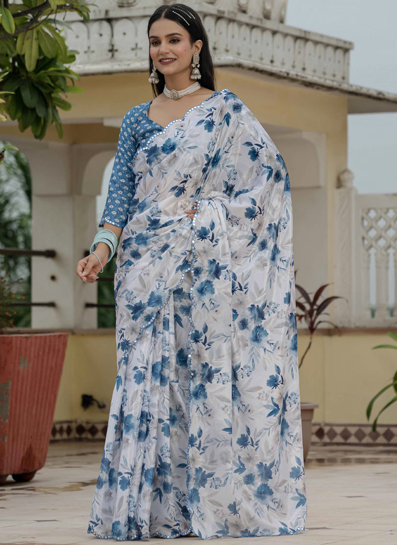 Off White Floral Chinon Silk Ready To Wear Saree