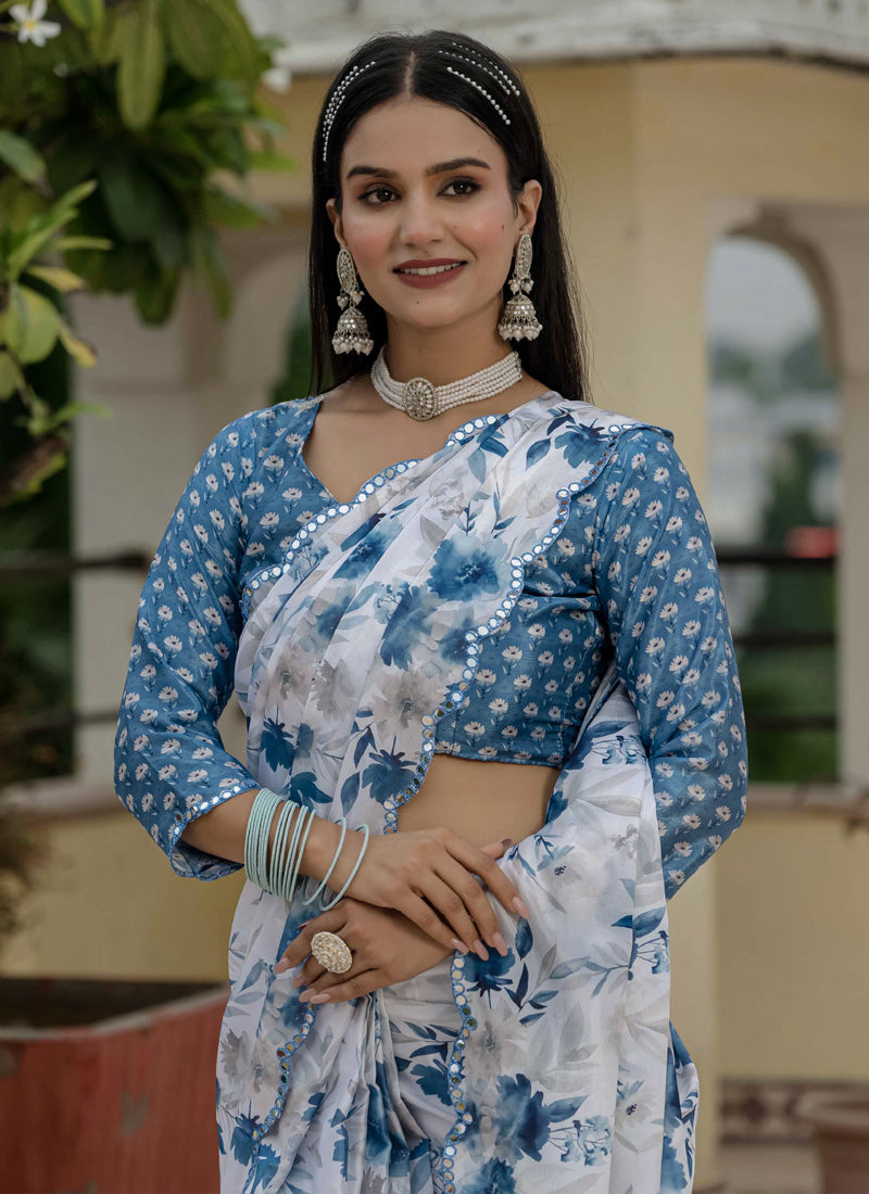 Off White Floral Chinon Silk Ready To Wear Saree