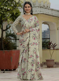 Beige floral printed Chinon silk saree with mirror cut border