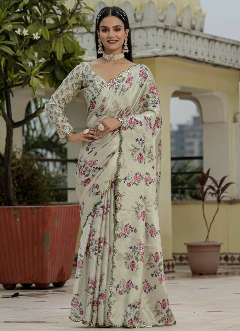 Beige floral printed Chinon silk saree with mirror cut border