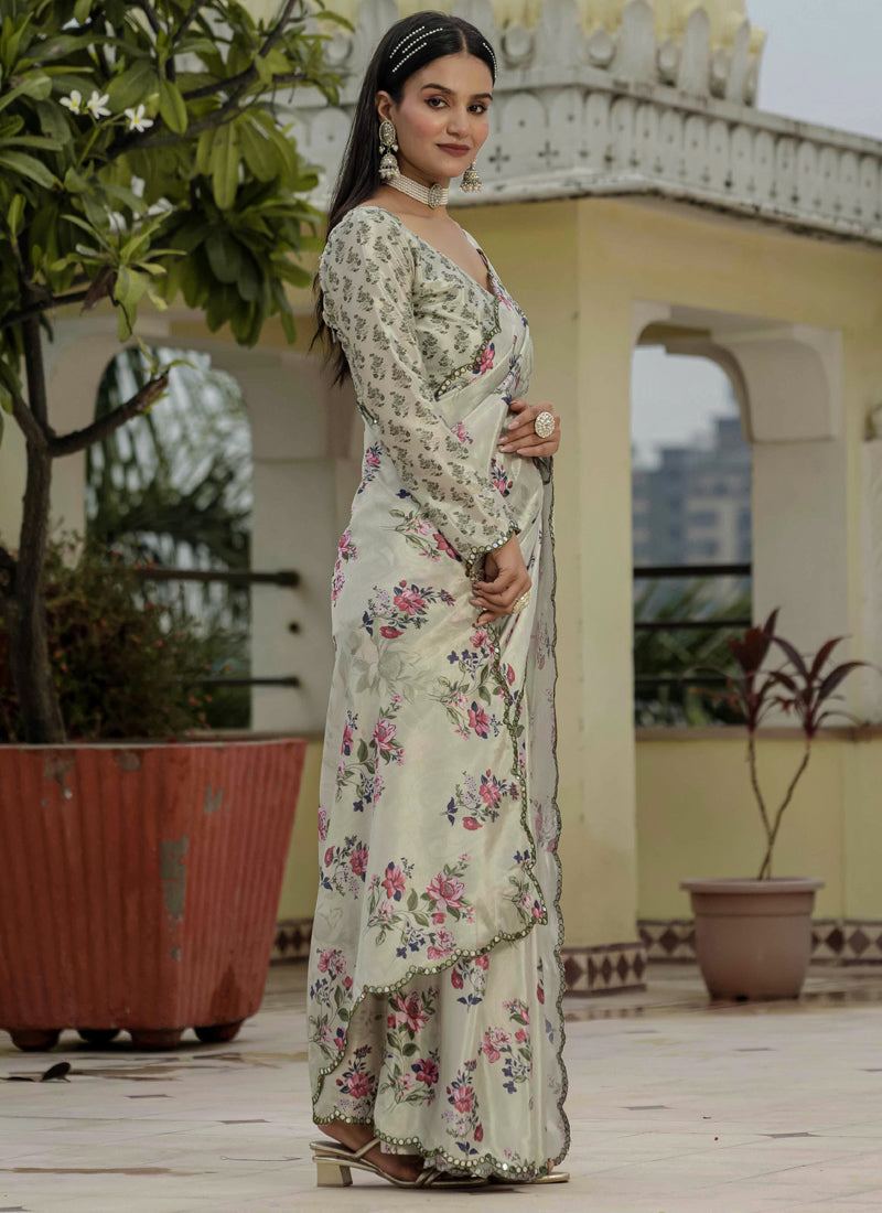 Beige Chinon Silk Floral Saree with Mirror Cut Border