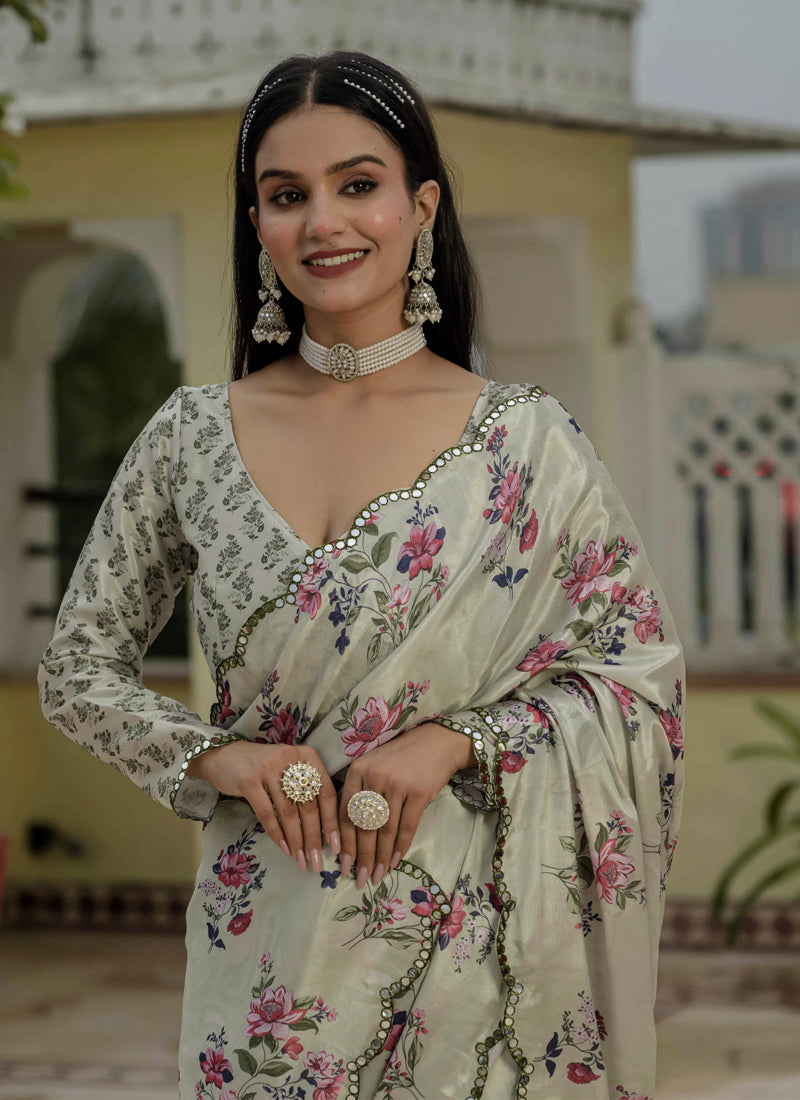 Beige Chinon Silk Floral Saree with Mirror Cut Border
