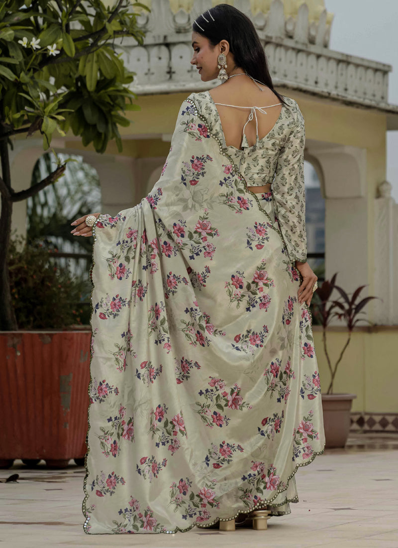 Beige Chinon Silk Floral Saree with Mirror Cut Border