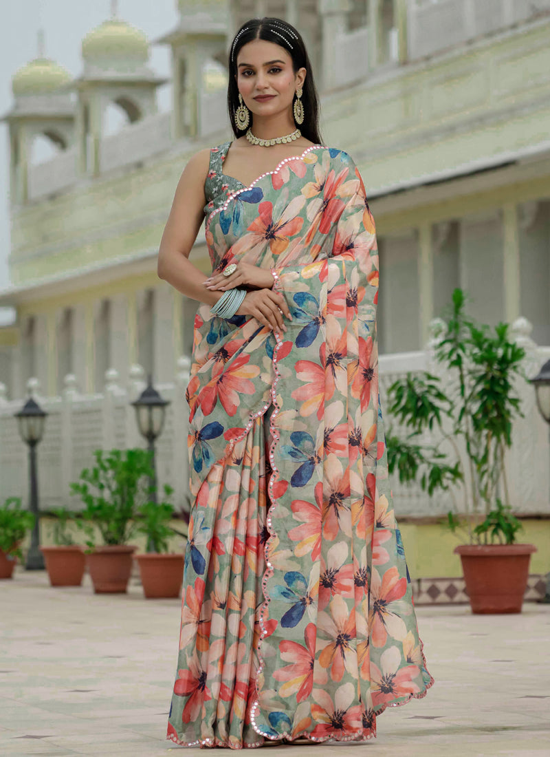 Multi-colored Chinon silk ready-to-wear saree with floral print and mirror-work border