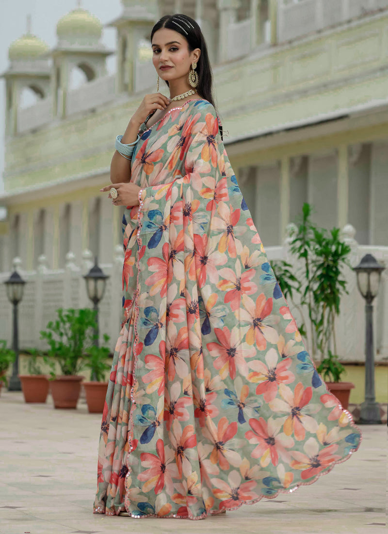 Multi Color Chinon Silk Floral Ready To Wear Saree With Mirror Border