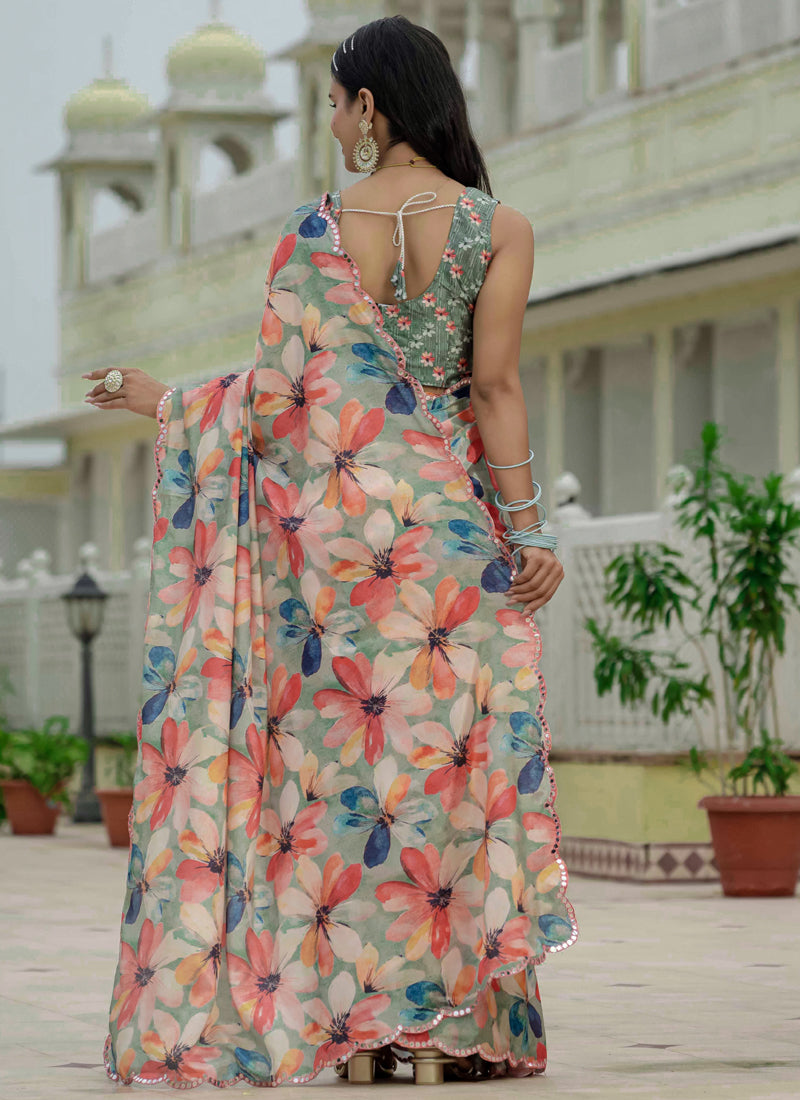 Multi Color Chinon Silk Floral Ready To Wear Saree With Mirror Border