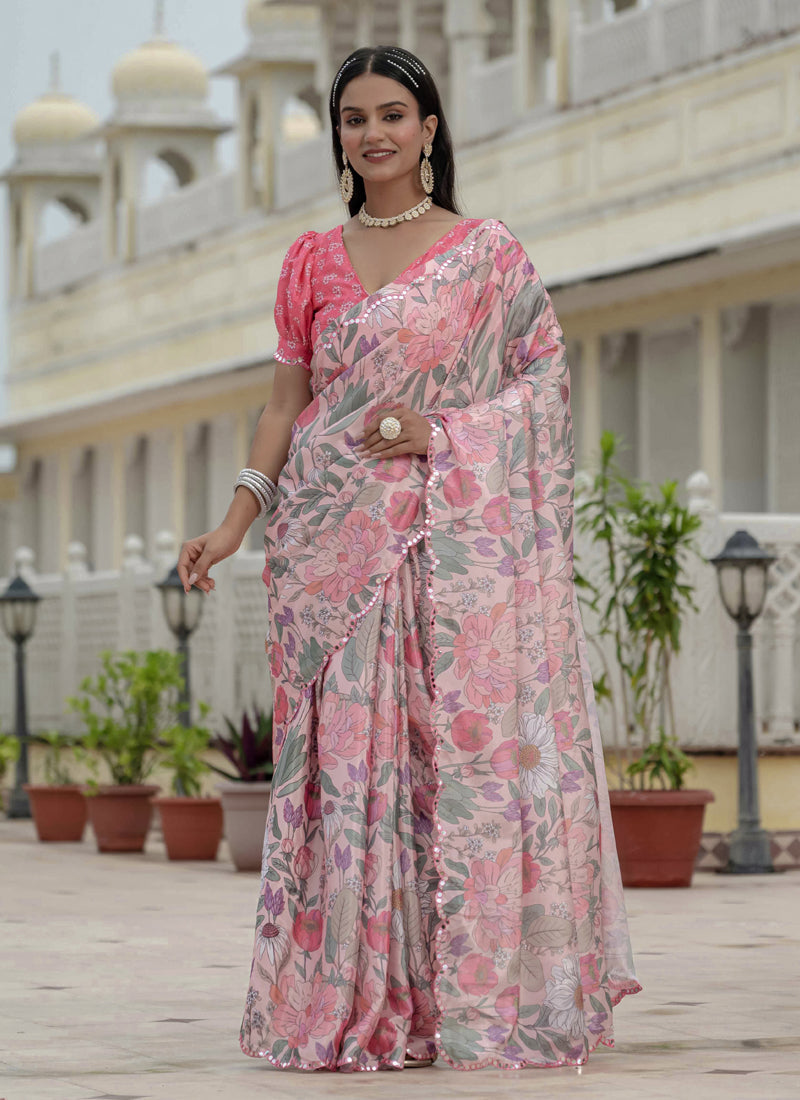 Light pink floral Chinon silk saree with mirror cut border
