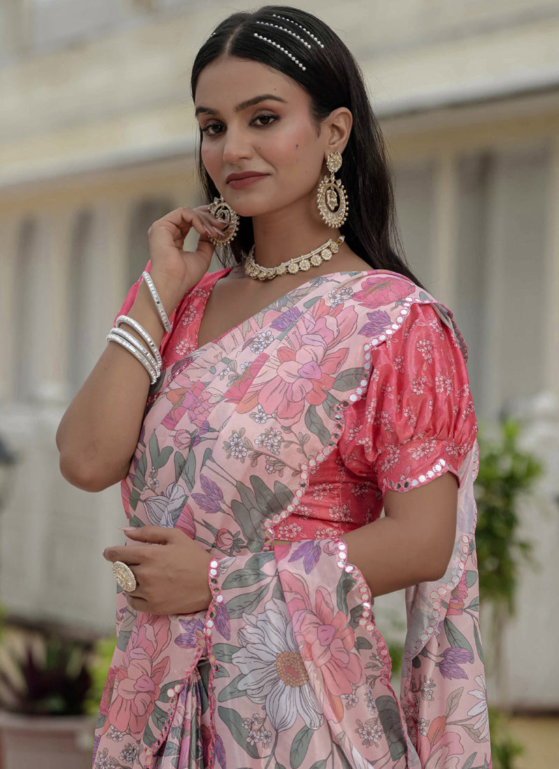Light Pink Chinon Silk Floral Saree with Mirror Cut Border