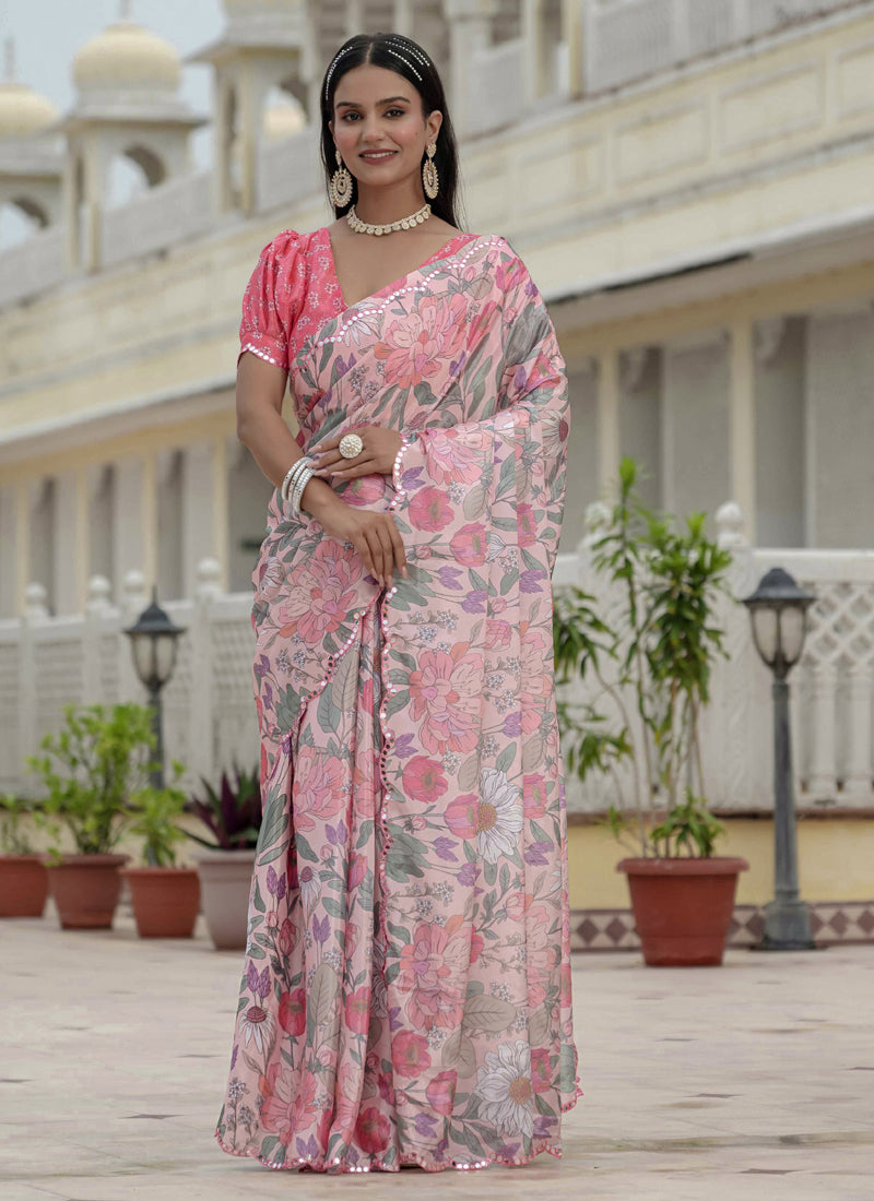 Light Pink Chinon Silk Floral Saree with Mirror Cut Border