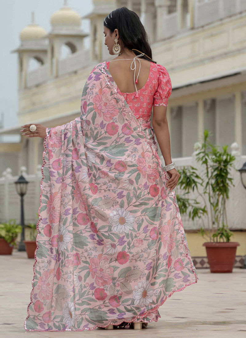 Light Pink Chinon Silk Floral Saree with Mirror Cut Border