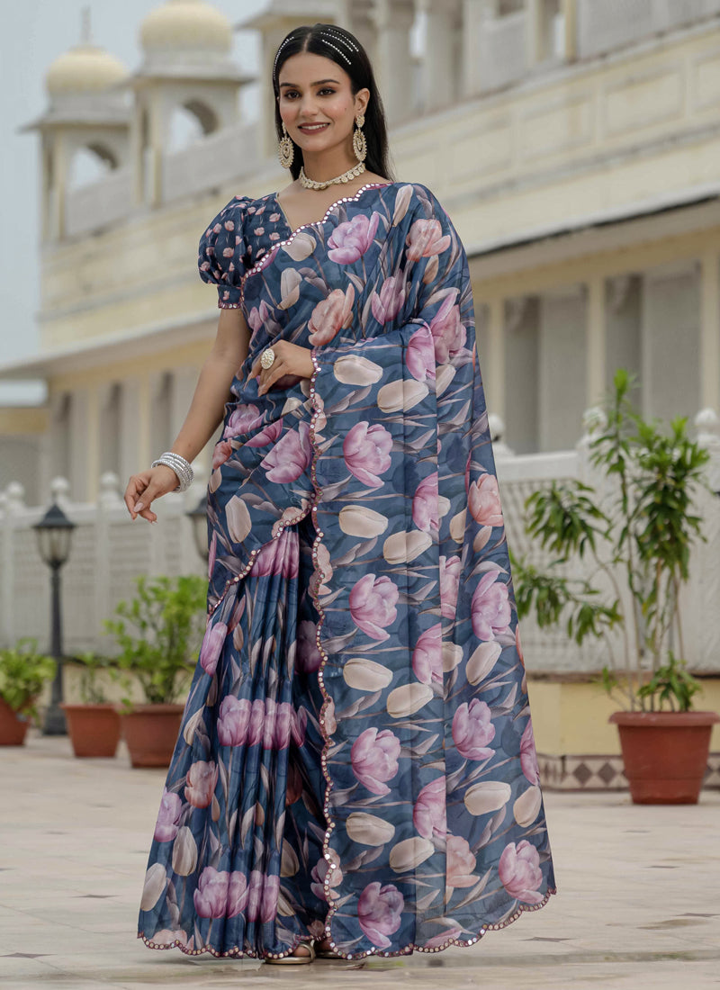 Grey Chinon Silk Floral Print Ready-To-Wear Saree with Mirror Border